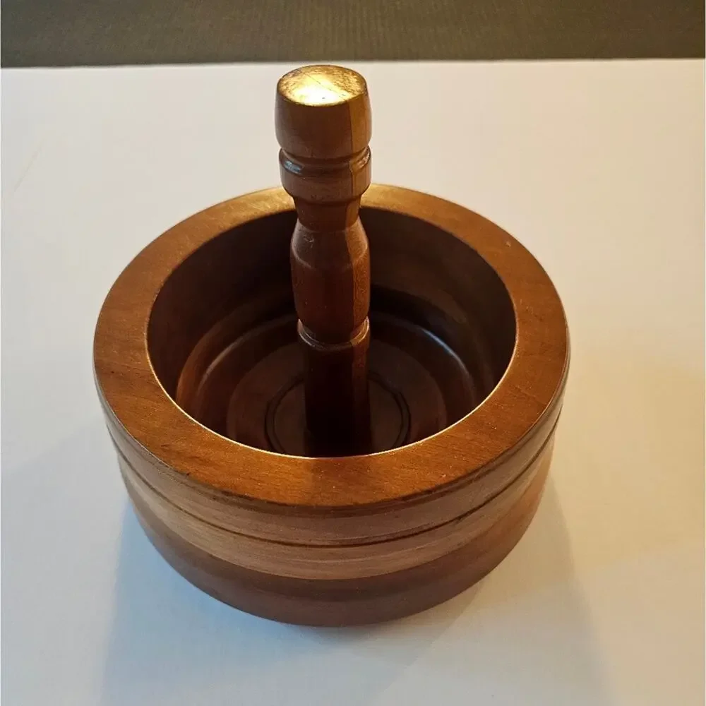 Vintage Hard Wooden Bowl and Pestle Look But Center is Fixed 1970s EUC